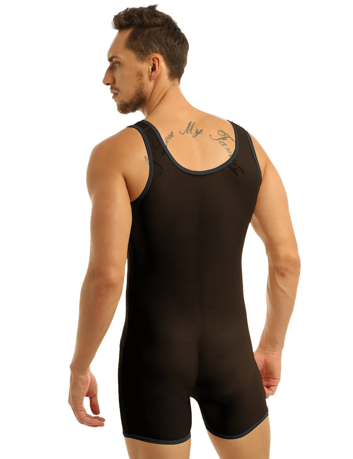 TiaoBug Summer Men One-Piece Swimming Jumpsuits Stretch Mesh See Through Sheer Lingerie Sleeveless Scoop Neck Jockstrap Bodysuit