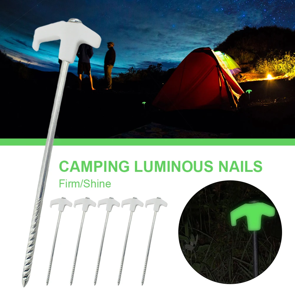 5Pcs Tent Stakes Screw Pegs Luminous Fixed Pegs Heavy Duty Glow in the