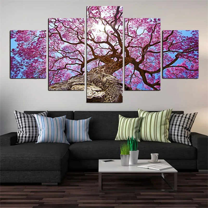 5 Pieces Beautiful Pink Cherry Tree Landscape HD Printed Painting On Canvas Poster Modern Home Wall Art Decor Framework Pictures | Дом и сад