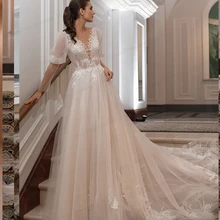 

Wedding Dress 2021 Princess Robe De Mariee Custom Made A Line V-Neck Lace Appliqued Puff Sleeves Bride Dress With Long Train