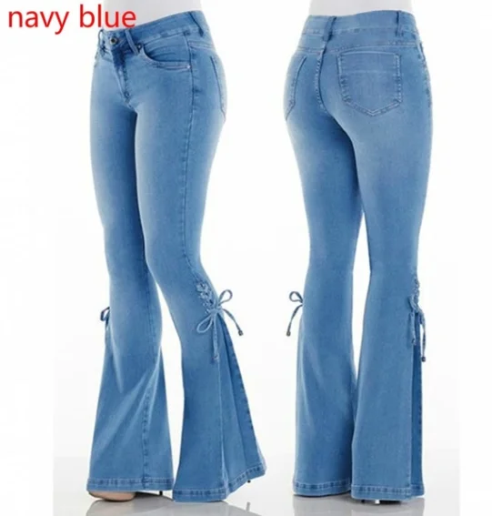 02 Navy Blue Джинсы женские большие размеры Высокая талия колокол джинсы с кроем для женщин уличная обтягивающие расклешенные джинсы пуш-ап джинсовые черные джинсы осень женские брюки - Цвет: 02 Navy Blue