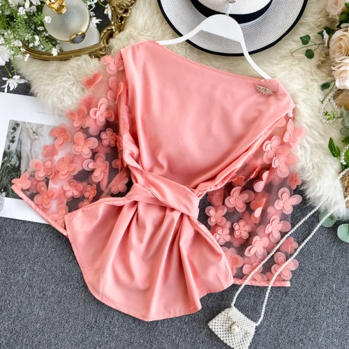 Осень, новинка, Воздушная трехмерная лепестковая перспективная сетчатая блуза с расклешенными рукавами, на шнуровке, с высокой талией, тонкая женская блузка K418 - Цвет: Розовый