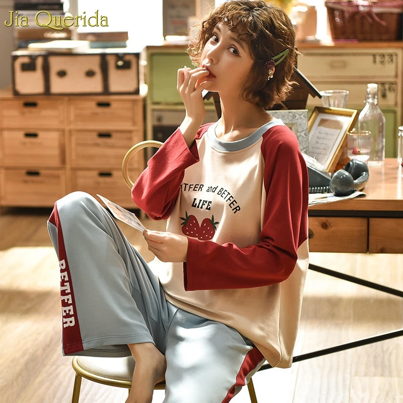 Корейский Свободный размер модные пижамы женские с длинными рукавами брюки Пижама с принтом Хлопок Весна Осень дамы пижамы хлопок домашний комплект
