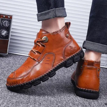 

Fashion Mens PU Leather Shoes Casual Anti-Slip Vintage Boots High Top Streetwear for Fall Winter H66