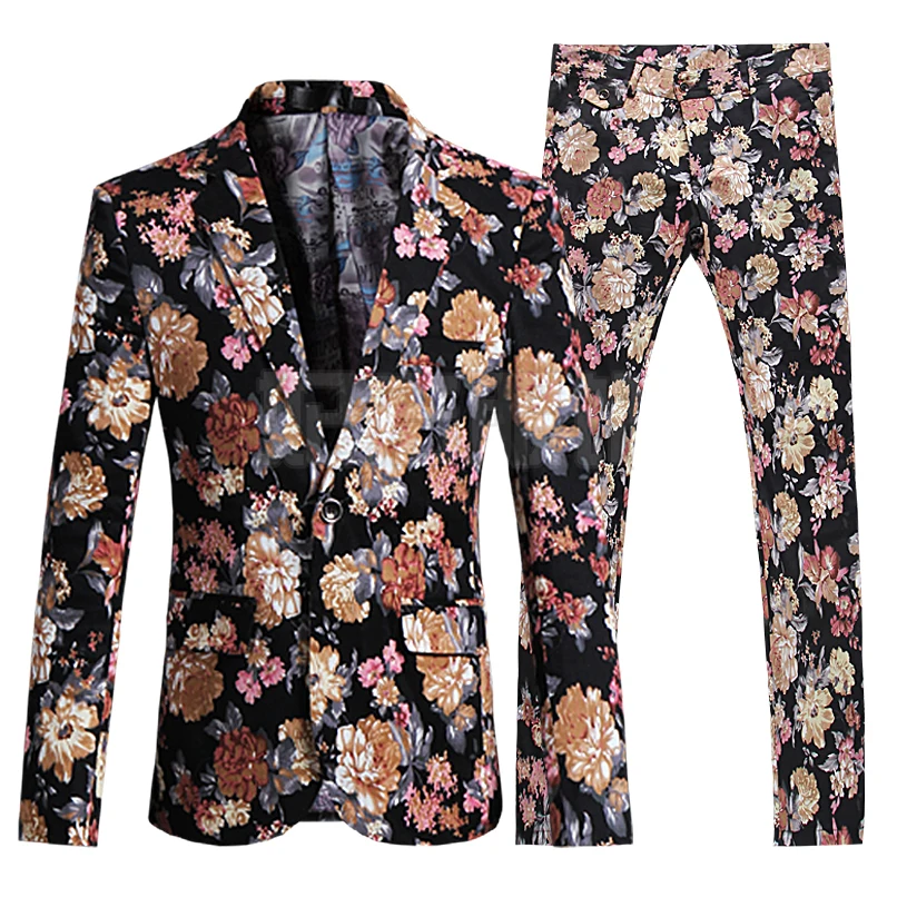 

New Fashion Men Autumn Fashion Suit Set Single Button Printing Leisure Suit British Male Business Blazers Pants Twinset