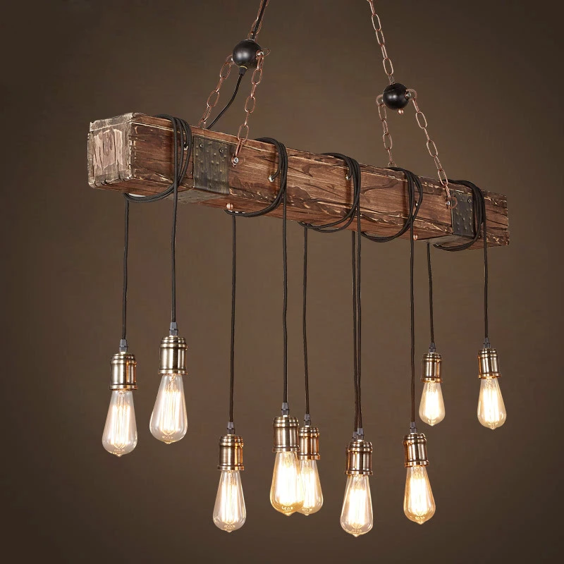 10 Lights American Loft Pendant Lights E27 LED Wooden Vintage Hanglamp Fixtures For Living Room Decoration Luminaire Suspension (8)