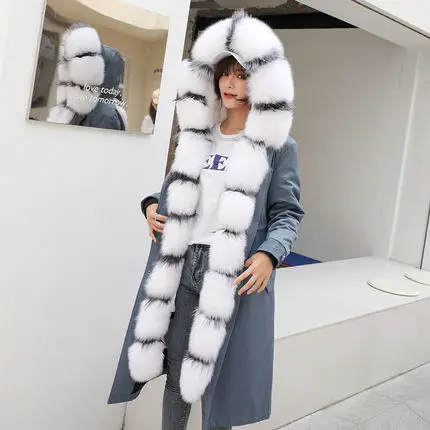 CKMORLS, парки из натурального Лисьего меха, пальто для женщин, теплая плотная Женская куртка с капюшоном, Новое поступление, длинная верхняя одежда, куртки manteau femme - Цвет: haze blue