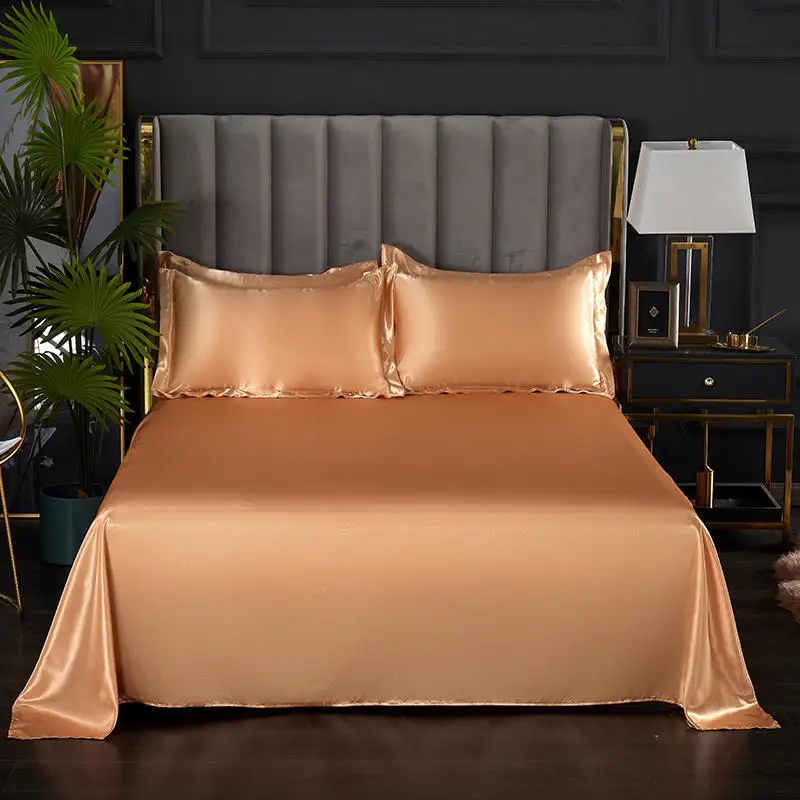 Bonenjoy 1 pc Bed Sheet Yellow Color Plain Dyed Satin Polyester Flat Sheets Queen Size sabanas cama 90 Single Top Sheets 5