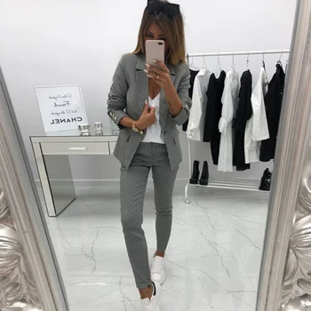 

Taotrees Work Pant Suits Plaid 2 Piece Set for Women Single Button Blazer Jacket & Trouser Office Lady Suit