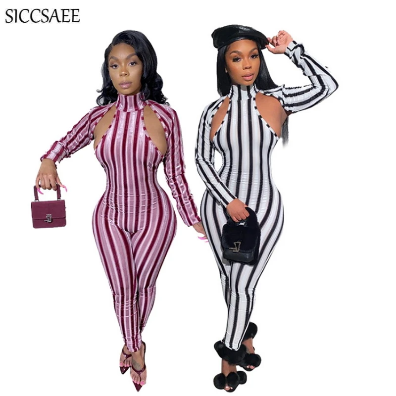 

Hole Cut Out Turtleneck Bandage Rompers Womens Jumpsuit Long Pants Back Zip Vertical Striped Printing Bodycon Bodysuit Sexy Midi