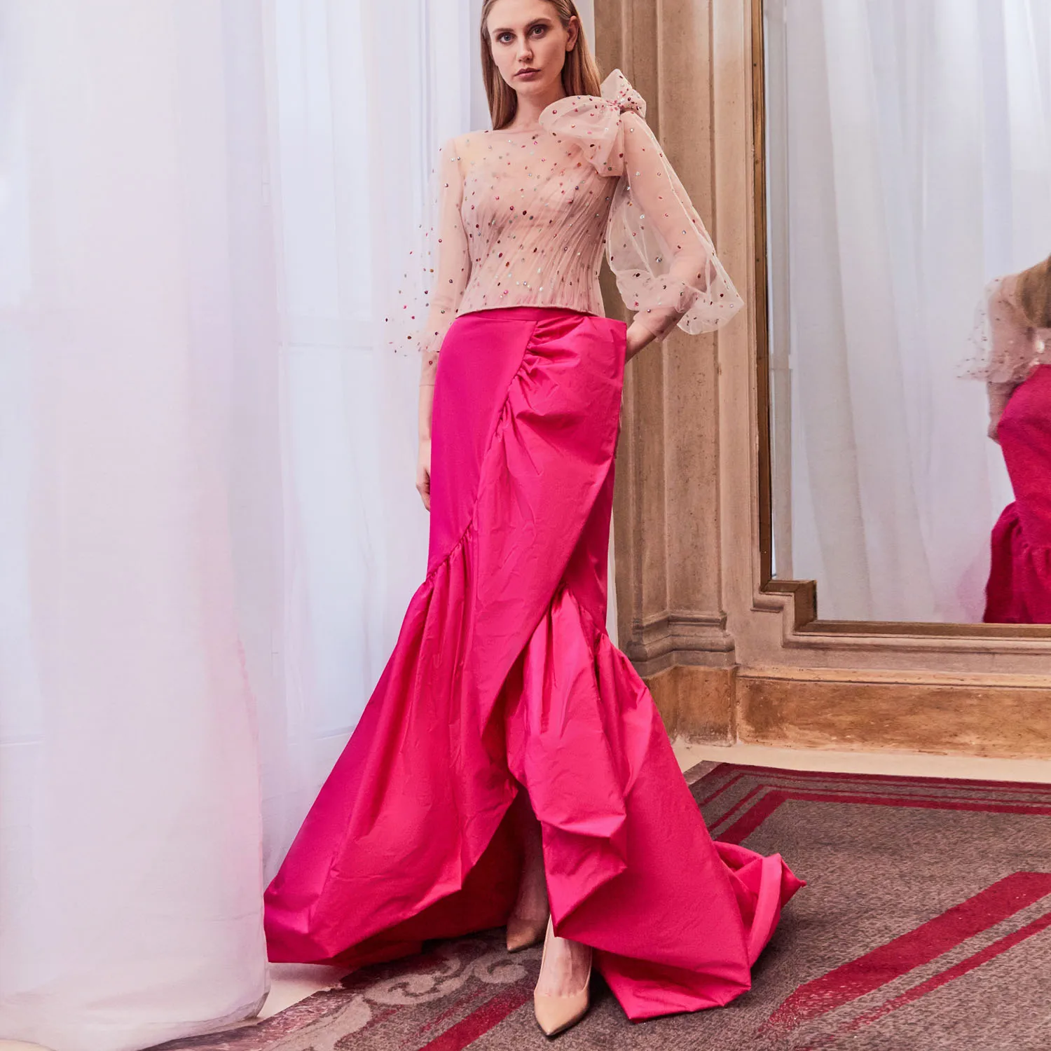 jupe-longue-froncee-en-fuchsia-pour-femmes-tenue-de-bal-elegante-fendue-plissee-a-la-mode