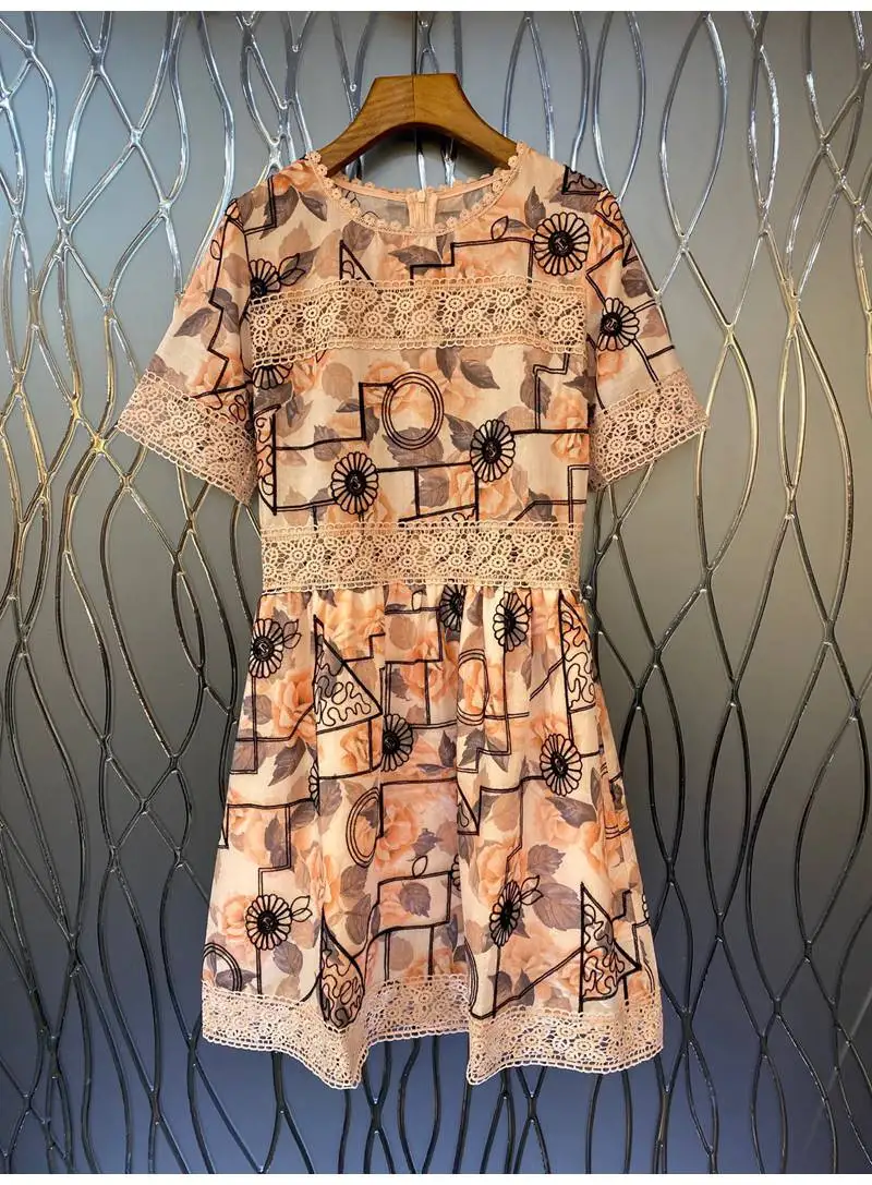 

Женское Хлопковое платье с коротким рукавом, кружевное платье с винтажным принтом и вышивкой в стиле пэчворк, весна-лето 2022