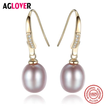 

AGLOVER 9MM Pearl 925 Silver Earring Gilt Genuine Natural Freshwater Pearl Drop Earrings For Women Gift Noble Jewelry Wholesale