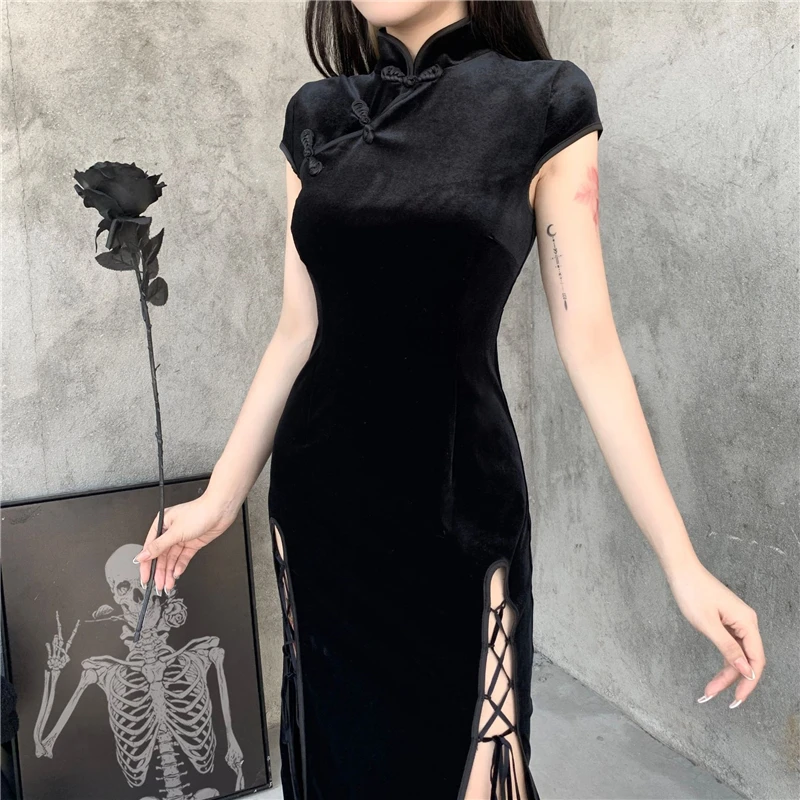 Respiración mercenario traqueteo Elegante vestido Midi negro de terciopelo para mujer, vestido gótico con  abertura, estética fruncida, estilo chino, Cheongsam|Vestidos| - AliExpress