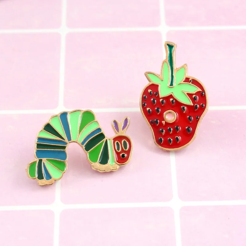 Hungry Caterpillars Story Book Strawberry Cartoon Pins Fruit Brooches Enamel Pins Lapel Pins 