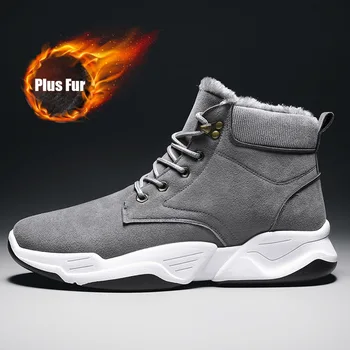 

Fashion Men Nice Fashion Brand Fur Botas Man Black Ankle Plush Winter Warm Boots Men Outdoor Lace-Up High Quality Men Boots