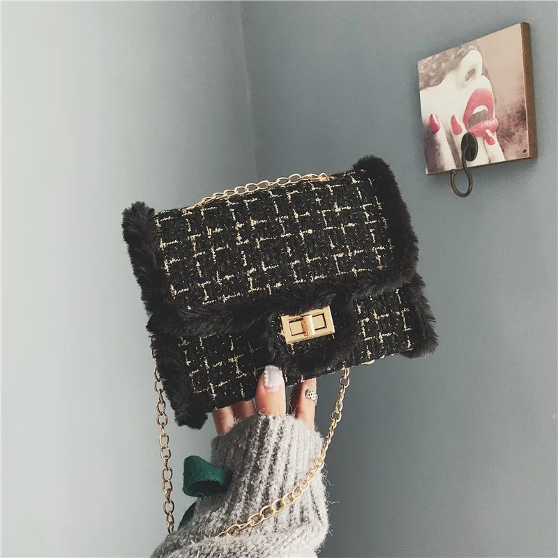 

Bag 2018 Autumn And Winter New Style Vintage Woolen Cloth Square Sling Bag Plush Bag with Chain Oblique Bag Lock Shoulder Bag