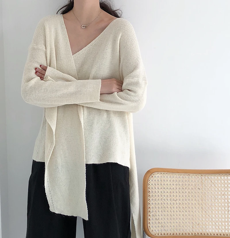 Корейский женский свитер пуловер с v-образным вырезом вязаный длинный рукав спереди бандаж свободный женский свитер с запахом тонкое пальто
