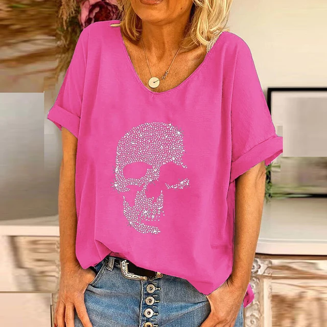 T-shirt Women's Spring Long Sleeve Large Size Tops Casual Loose Short Sleeve Tshirt Skull Print Female V-neck T-shirts 2021 Rose Red