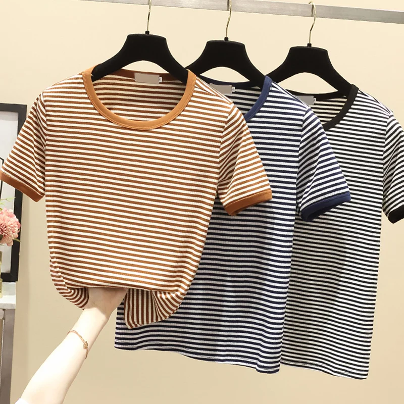 Retro women's striped T shirt, round neck, short sleeve, Korean fashion