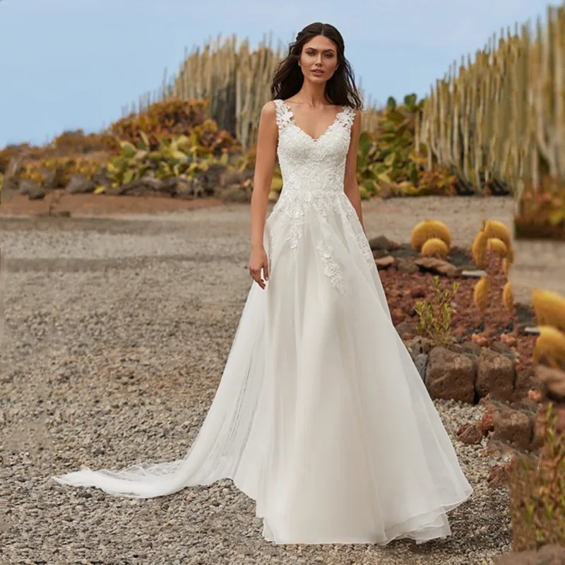 Bohemian Simple A Line Wedding Dresses 2021 V Neck Sleeveless Lace Applique Sweep Train For Women Weeding Gowns Sashes Custom | Свадьбы и