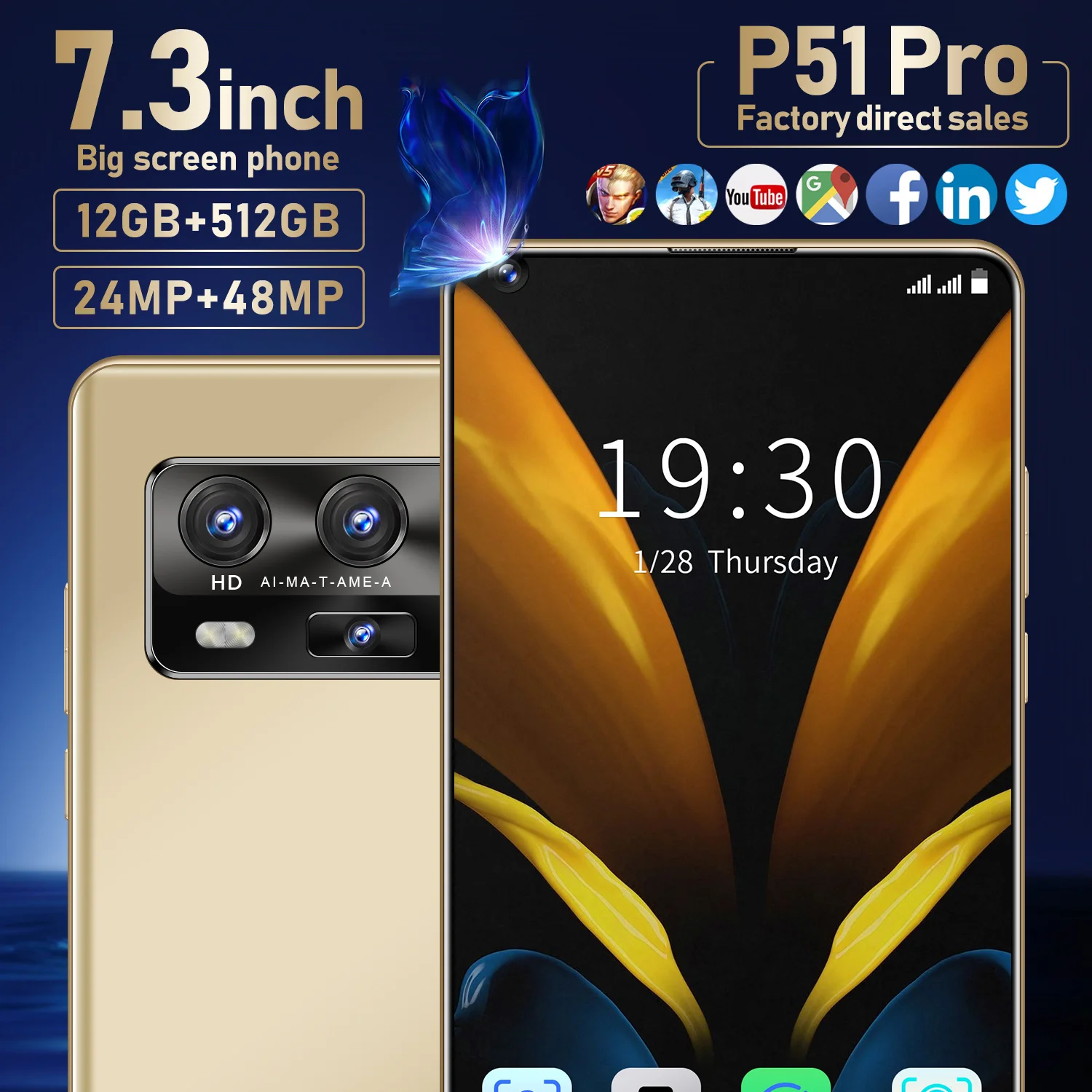 Mobile Cell Phone P51 Pro 7.3 Inch Global Version Andriod 12GB RAM 512GB ROM 10 Core MTK6889 Dual SIM 4G LTE 5G Smart Phone