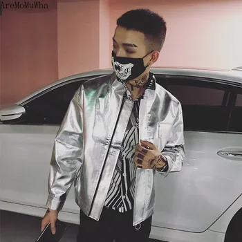 

AreMoMuWha Silver Jacket Men's Leather Jacket 2019 New Korean Version of The Self-cultivation Locomotive PU Pilot Leather Tide