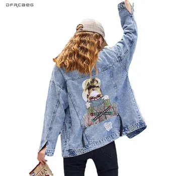 

Loose Vintage Print Woman Jeans Jacket With Beading 2019 Autumn Long Sleeve Streetwear Hole Ladies Harajuku Coats Denim Outwear