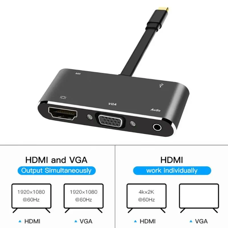 Многофункциональный USB-C концентратор позолоченный никелированный алюминиевый сплав TYPE-C до 4K HDMI VGA Аудио USB3.0 PD конвертер адаптер