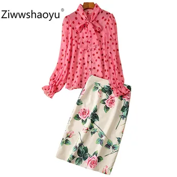 

Ziwwshaoyu Elegant Designer Summer Skirt Suit Women's Dot Flare Sleeve Blouse + Rose Flower Print Skirt High Quality Set