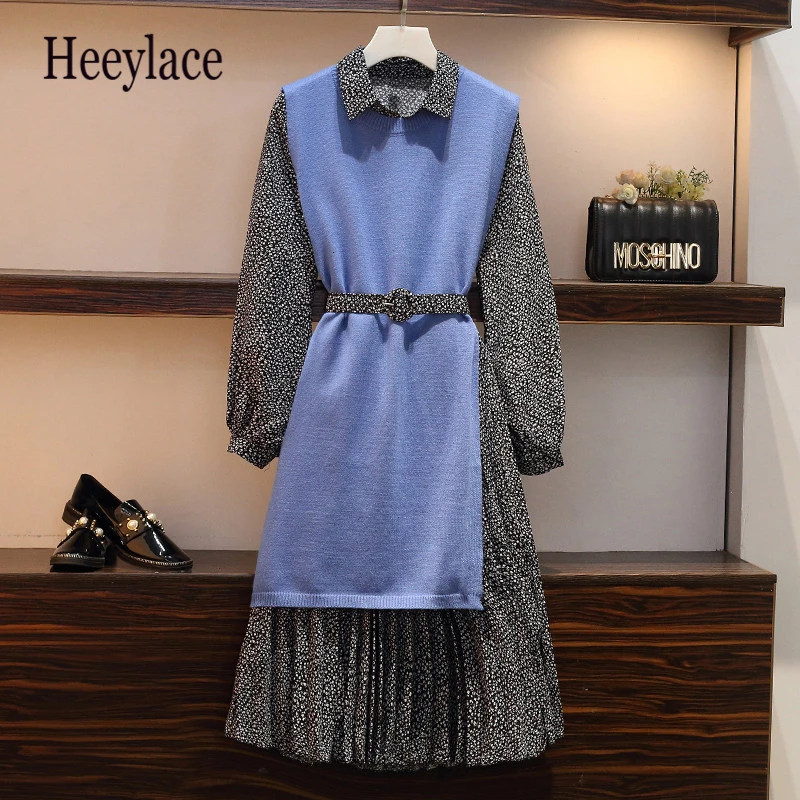 

Autumn High Quality 2 Piece Set Dress Women Floral Print Bandage Long Sleeve Chiffon Dress And Split Sweater Vest Two Piece Suit