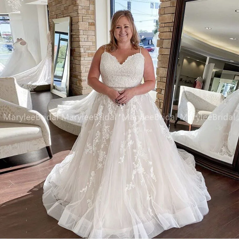 Spaghetti Straps Plus Size Wedding Dress A-line Appliques Rhinestones Belt Custom Made Vestido Noiva Gowns Chapel Train | Свадьбы и