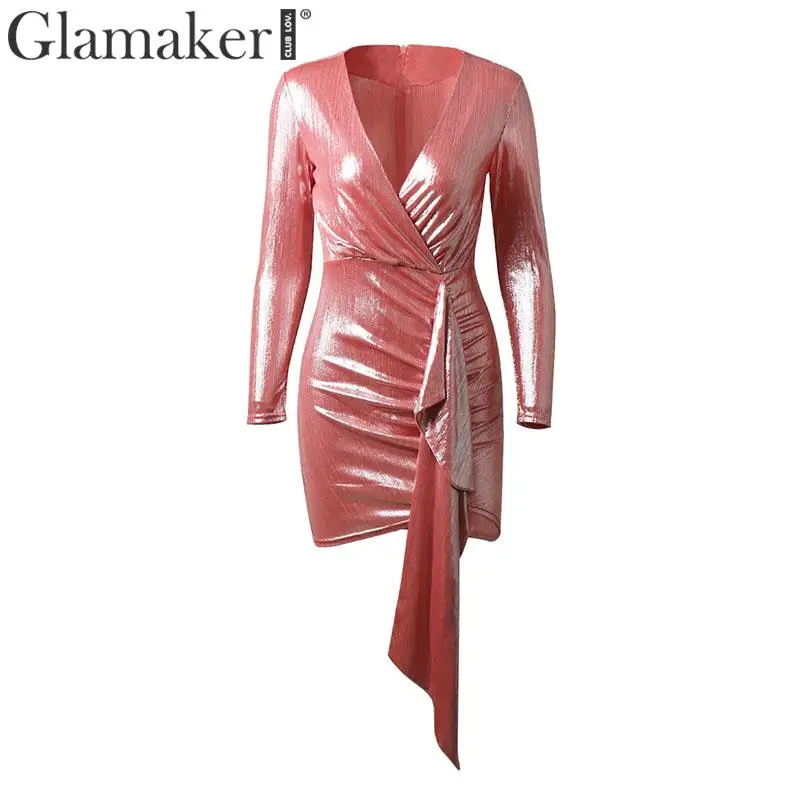 Розовый Glamaker розовое облегающее мини-платье с v-образным вырезом и длинным рукавом, сплошной сексуальный платье, женское осенне-зимнее элегантное для вечеринки и клуба, ночное платье - Цвет: Розовый