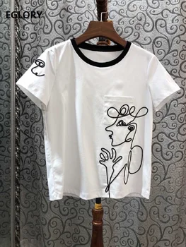 

High Quality Tops & Tees 2020 Spring Summer Casual T-Shirt Women O-Neck Abstract Embroidery Short Sleeve Black White Basic Tops