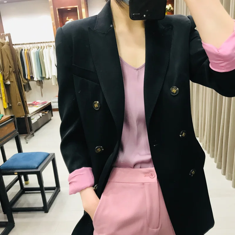 

High-end acetate suit coat female casual black double-breasted coat spring autumn stitching suit coat was thin temperament coat