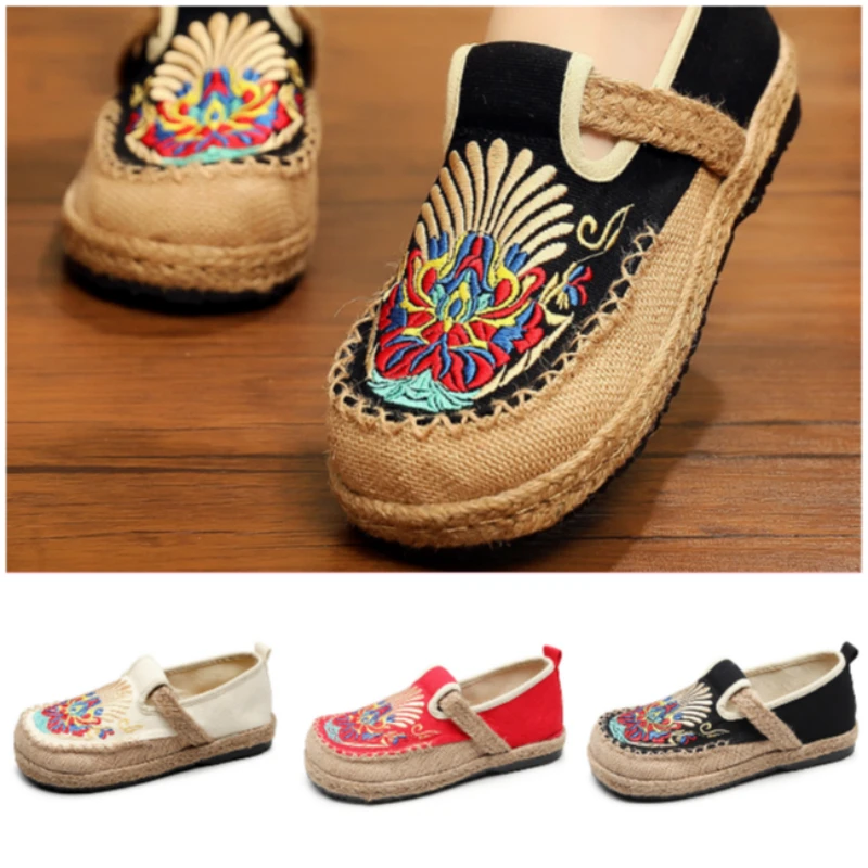 

Kids Shoes for Big Girl Chinese Style Leisure Children New Fall Flats Cotton Hemp Upper Old Peking Ethnic Print Embroidered Shoe