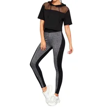 Мода женщин перспектива сетки шнурок с капюшоном с коротким рукавом сращивания брюки набор