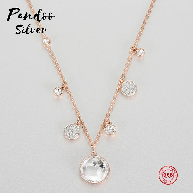 

PANDOO Fashion Charm Pure 925 Silver Original 1:1 Copy, White Round Long Chain Fashion Necklace Female Luxury Jewelry Gifts