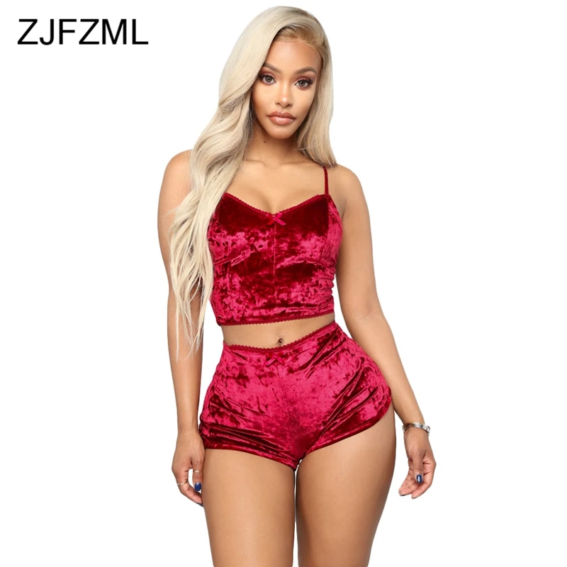 

Red Pink Velvet Sexy Two Piece Set Women Spaghetti Strap Backless Crop Cami+Bodycon Shorts Suits Autumn Velour 2 Piece Sweatsuit