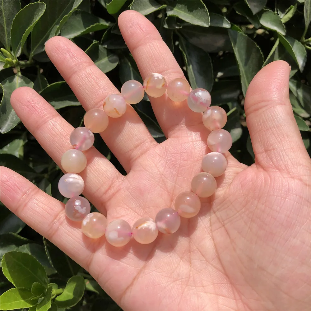 Fengbaowu 천연 벚꽃 스톤 팔찌 꽃 사쿠라 마노 라운드 비즈 크리스탈 힐링 여성 쥬얼리 선물, 1 PC