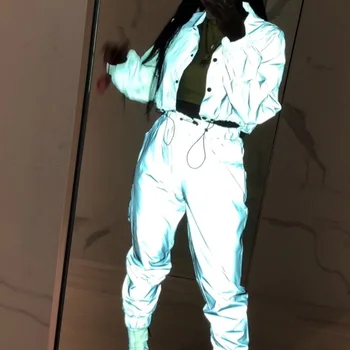 

2020 Spring Harajuku Women Streetwear Tracksuit 2 Piece Set Hip Hop Reflective Jacket Pants Female Buttons Coat Matching Sets