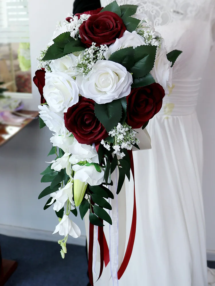 Невесты водопад Свадебный букет невесты для свадьбы Искусственные цветы Винтаж розы Свадьба Вечерние поставки роскошный