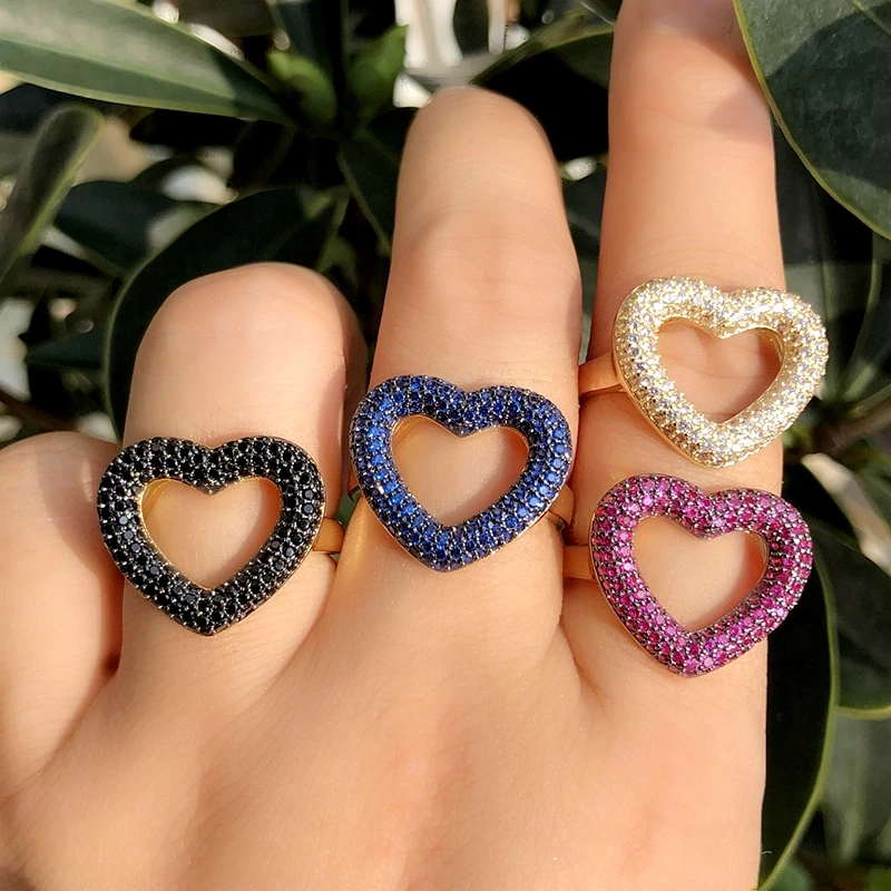 Luxury Heart Shape Finger Ring For Women Paved Micro Multicolor Zirconia Gold color Adjustable Open Finger Rings Wedding Jewelry