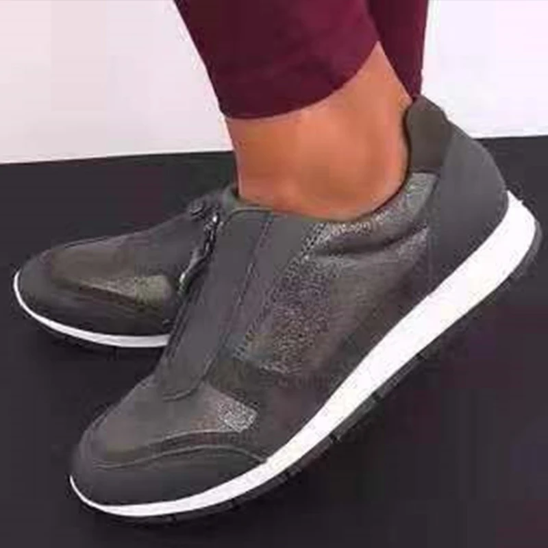 MCCKLE, женские повседневные кроссовки из искусственной кожи на молнии, женские осенние тонкие туфли, Женская Удобная прогулочная обувь, женская обувь размера плюс - Цвет: Серый