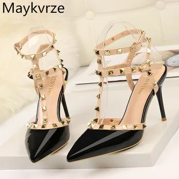 

European and American Women shoes 2020 summer new fashion rivets pointed toe shallow mouth High Heels women's sandals SIZE 34-42