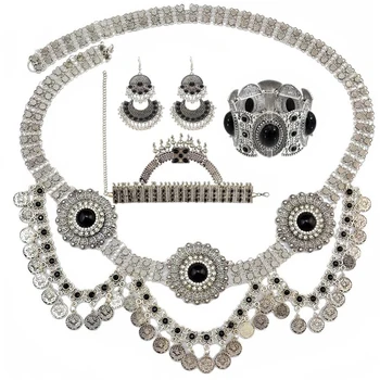 

Afghan Oxidized Silver Color Alloy Jewelry Sets for Women Black Blue Stone Neckalce Earring Waist Chain Bracelets Sets Gypsy
