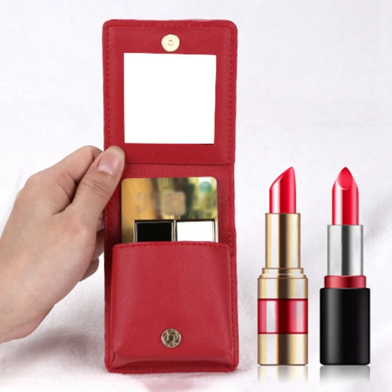 

1pc Travel Lipstick Storage Bag Cosmetic Bag With Mirror Makeup Organizer Bag Pouch PU Leather Portable Beauty Case Toolbox