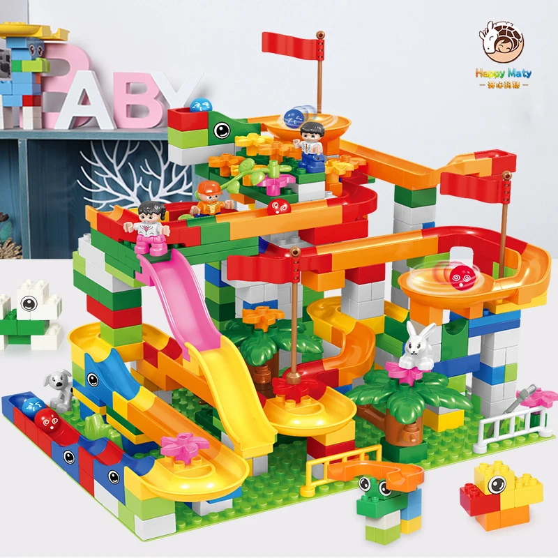 

Happymaty Marble Race Run Block Big Size Compatible Duploed Building Blocks Plastic Funnel Slide Assembly Bricks Toys For Kids