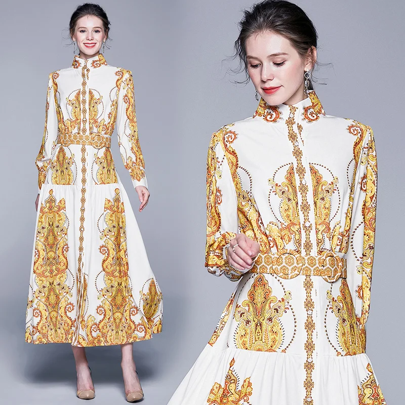 

2019 Autumn Runway Designer Woman Maxi Dress High Waist Puff Sleeve Sashes Yellow Floral Print Single Breasted Split Long Dress