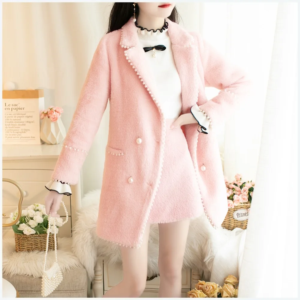 SWEETXUE женский осенне-зимний темперамент норки плюшевый комплект из 2 предметов бисером двубортный сплошной цвет длинное пальто+ юбка костюм женский